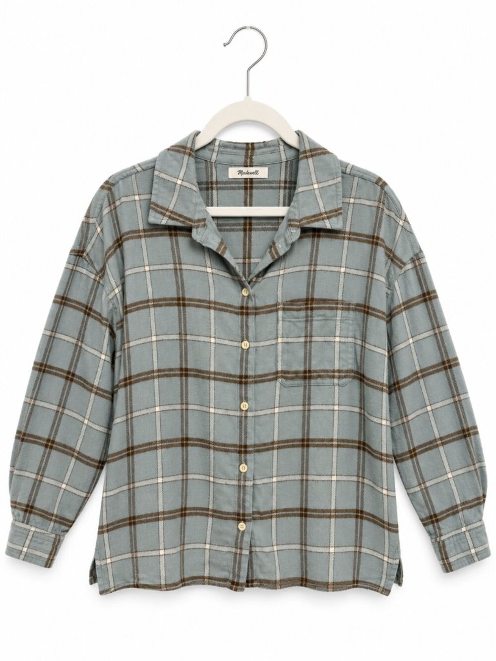 Madewell Sage White Brown Windowpane Plain Flannel Shirt